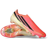 Botas De Futbol Adidas F50 Hyperfast Elite Laceless Firm Ground Soccer Cleats "Solar Turbo / Core Black / Gold Metallic"